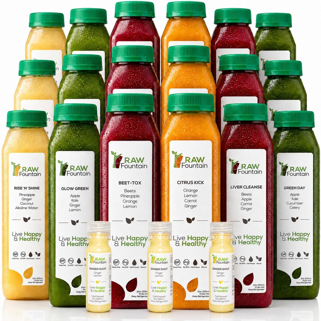 3 Day Juice Cleanse par Fountain Raw, tout naturel detox Cleanse, jus pour le repos corporel, jus pressé froid rapide, excellente façon de démarrer une alimentation saine, 18 bouteilles 12oz, 3 coups de gingembre