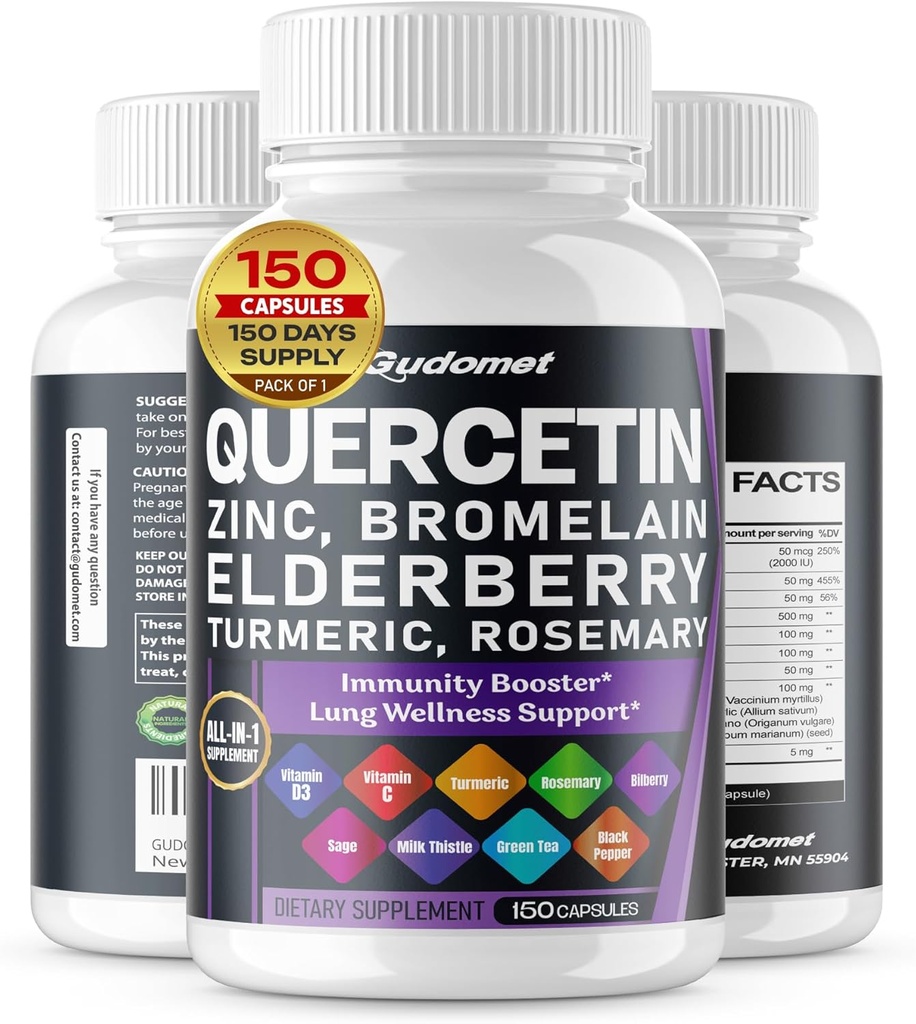Quercetin Bromelain Zinc Vitamine D3 Elderberry Turmeric Rosemary Sage Bilberry Odorless Ail Green Tea Thistle Origan -150 Capsules- Fabriqué aux États-Unis