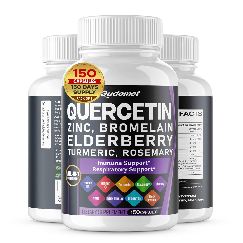 Quercetin Bromelain Zinc Vitamine D3 Elderberry Turmeric Rosemary Sage Bilberry Odorless Ail Green Tea Thistle Origan -150 Capsules- Fabriqué aux États-Unis