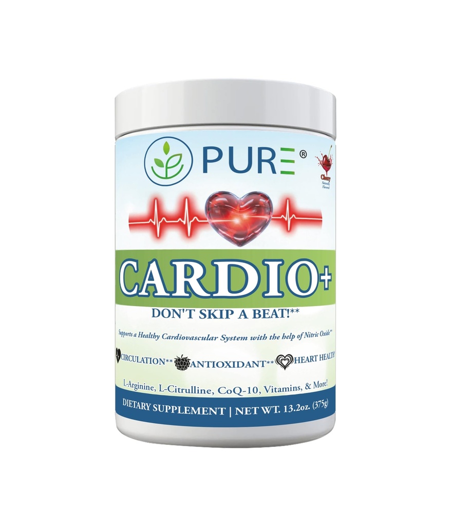PURE® Cardio+ Nitric Oxide Heart & Circulation Support - 5000mg L-Arginine & 1000mg L-Citrulline - Cherry, 30 Servings Powder, 375 Grams - CoQ10 Beet Root - High Potency Cardiovascular Formula