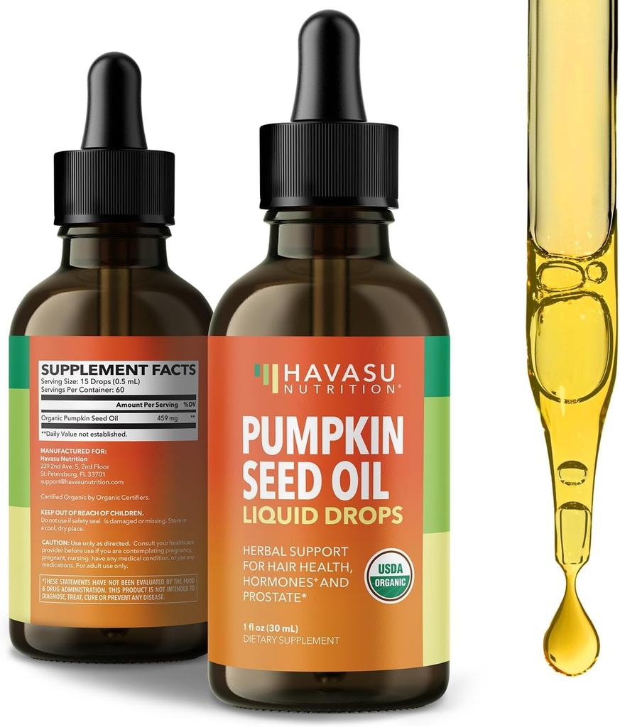 Huile de graines de citrouille - USDA Organic - Cold Pressed for Hair, Prostate, and Hormone Support - 2 mois d'approvisionnement - gouttes liquides pour les hommes et les femmes - Vegan, non-OGM, et sans gluten - Non aromatisé, 1 Fl Oz