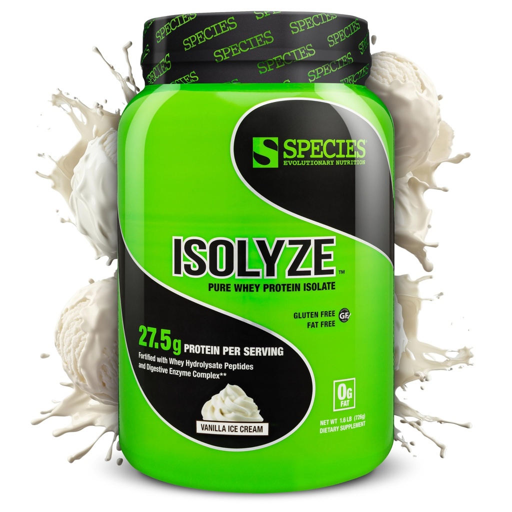 Espèce Nutrition Isolyze Poudre de protéines de lactosérum, 100 % d'isolat de lactosérum pour la musculation, 27,5 g de protéines par scoop, pas de sucre et faible en gras (Vanilla Ice Cream, 22 portions)