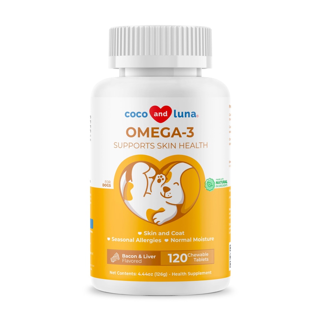 Omega 3 Huile de poisson pour chiens - 120 Comprimés à croquer - avec Omega 3, 6 et 9, vitamine E pour chien Shedding, démangeaisons, peau sèche, articulations et soutien cardiaque