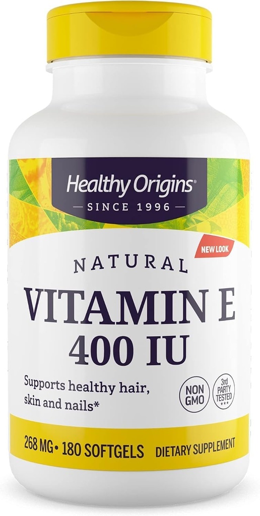 Origines saines Vitamine E 400 UI (naturelle, non-OGM, sans gluten, soutien de la peau, soutien cardiovasculaire), 180 softgels