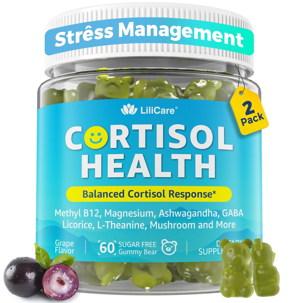Cortisol Gummies for Women & Men, Sugar Free Cortisol Reducer Supplements w/ Magnesium, Ashwagandha, Mushroom, L-theanine, Rhodiola, Vitamin B6 B12 for Cortisol Detox, Relax, Sleep Support 2 Pack