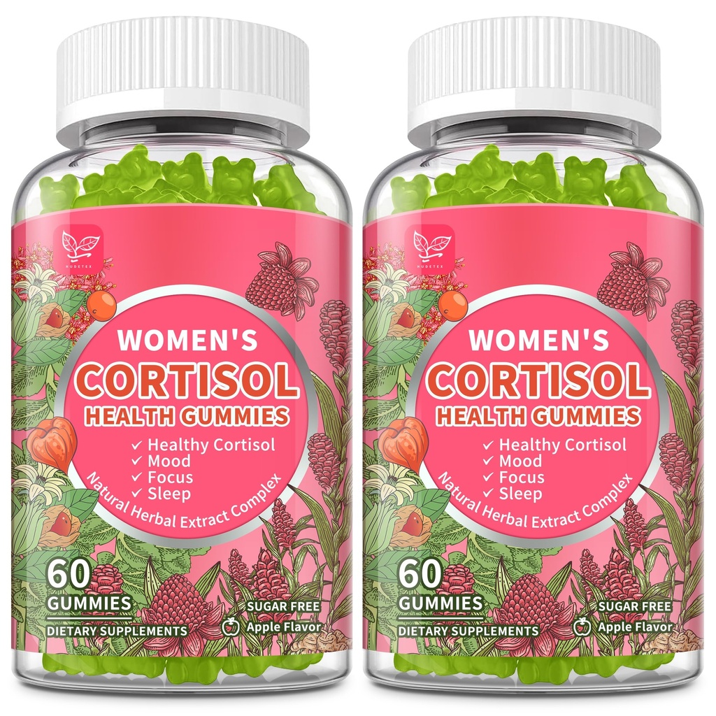 Hudetex (2 Pack) Cortisol Gummies for Women,Cortisol Manager with Ashwagandha,Magnesium,L-theanine,Phosphatidylserine,Rhodiola Rosea,Black Pepper for Mood Support,Sleep,Apple Flavor,60 Day Supply