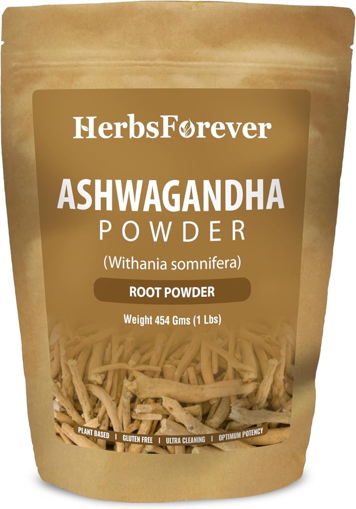 HerbesForever Ashwagandha Root Powder 454g I Cerise d'hiver, Non-OGM, Vegan, sans gluten I Ayurvedic Stress-Buster soutient le booster énergétique, la vitalité et le rajeunisseur.