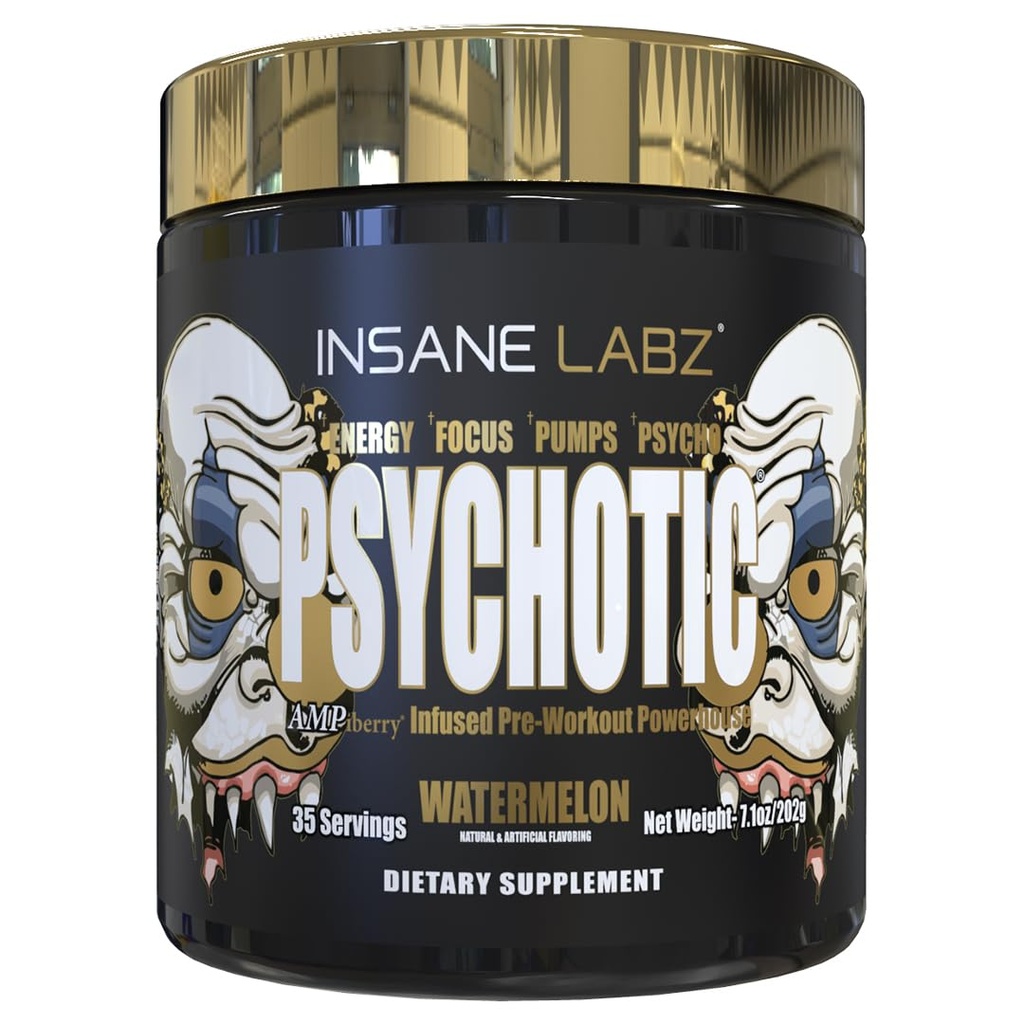 Insane Labz Or psychotique, Poudre de pré-entraînement stimulante, Focus énergétique extrême, Pompes et Endurance avec Beta Alanine, DMAE Bitartrate, NO Booster (35 portions, pastèque)
