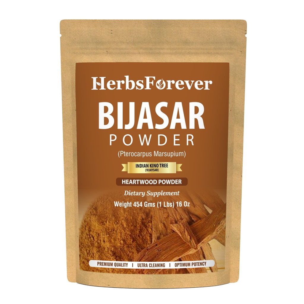 Herbsforever Vijaysar/Bijasar Powder-(Pterocarpus Marsupium) Indian Kino Tree- Sweet & Carb Control, Low Glycemic Index - Wild Harvested -Non GMO- 2X Potency |Ultra Clean|Steam Sterilized|16oz-1LBS