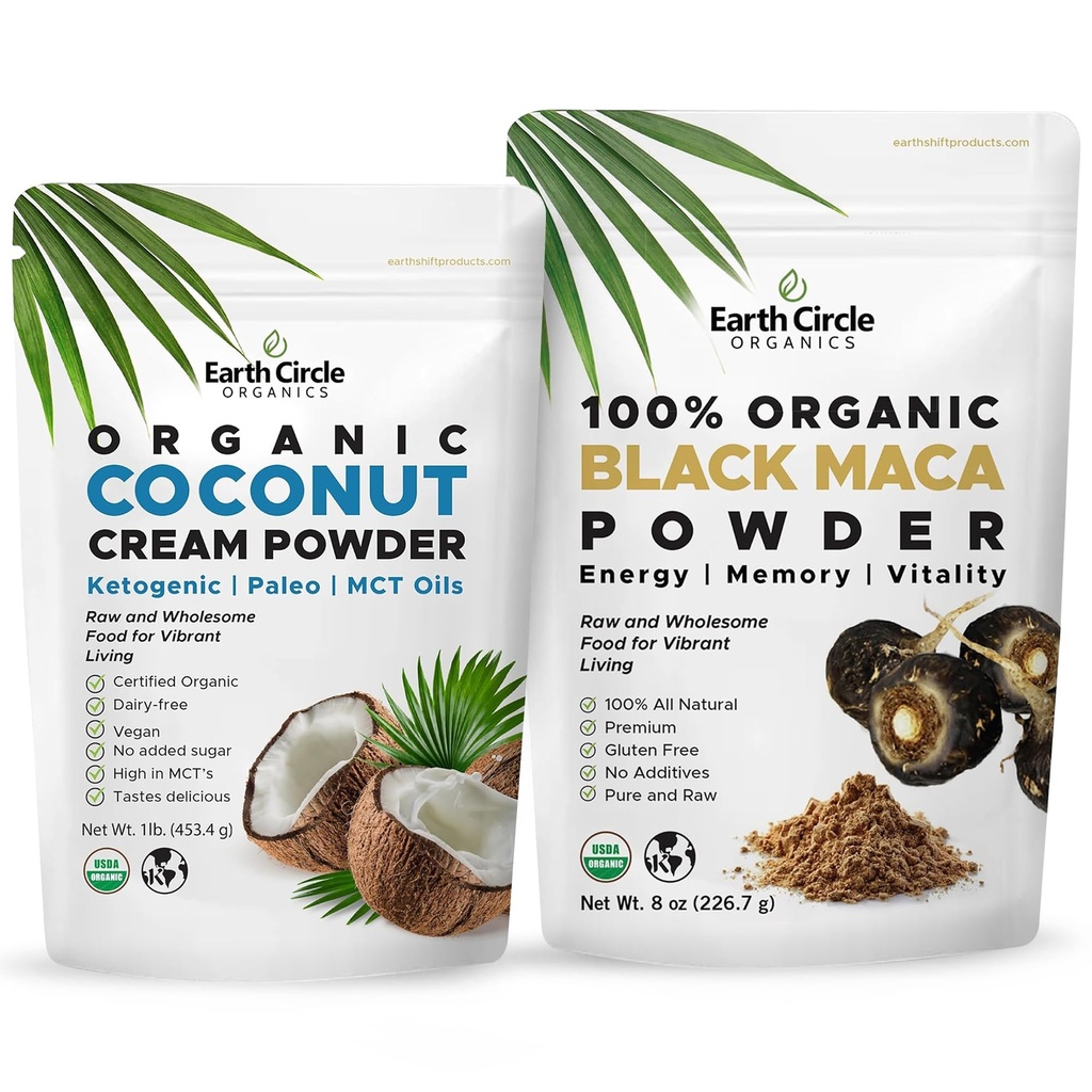 Earth Circle Organics Black Maca Peruvian Root Powder, 8oz & Coconut Cream, 1lb Bundle Superfood Boost for Energy and Wellness Vegan Keto Friendly Versatile Use in Smoothies Coffee and More