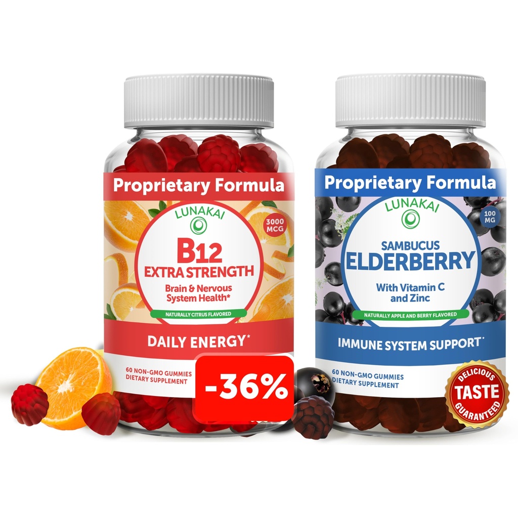 Lunakai Vitamine B12 and Elderberry Gummies Bundle - 3000 mcg Gummy for Adults Energy Support and Bone Health - Supplément de soutien immunitaire au zinc et à la vitamine C