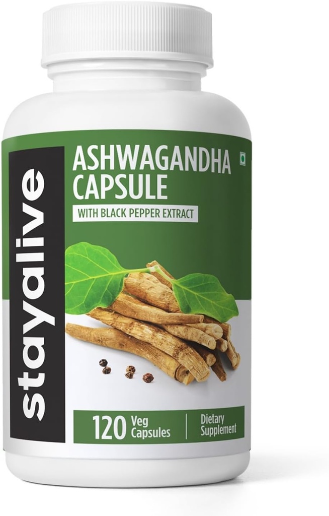 STAY ALIVE Ashwagandha avec poivre noir, 10:1 extrait, 120 pilules, 100% poudre de racine pure, capsules de force supplémentaire, sans OGM et sans gluten Ashwagandha suppléments pour les femmes et les hommes