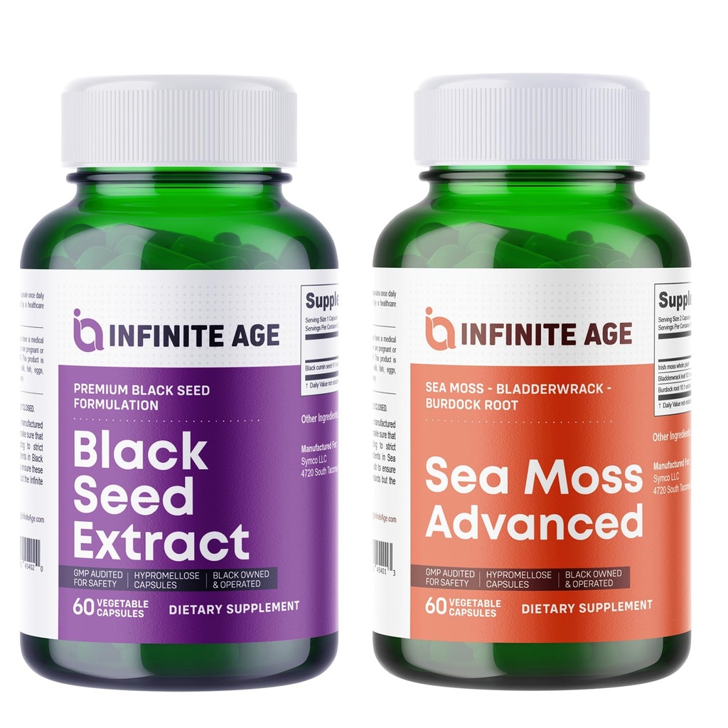 INFINITE AGE Wellness Bundle - Sea Moss Advanced 1250mg, Black Seed Oil Extract Capsules 200mg - Made in The USA