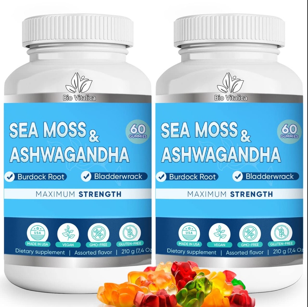 Sea Moss Ashwagandha Gummies - Organic Irish Sea Moss Blended with Burdock Root & Bladderwrack - Natural Energy & Calm Support for Adults - 2 Packs