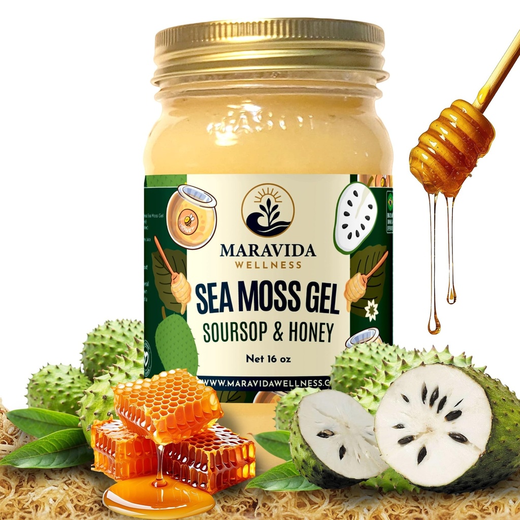 Sea Moss Gel with Soursop & Honey, Natural Wellness Supplement, 16 oz, 100% Natural, Vegan, Non-GMO, Gluten Free