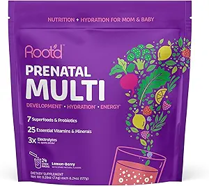 Poudre de multivitamines prénatales - 25 vitamines et minéraux avec 3 électrolytes, folate, fer, D3 pour maman et bébé, 7 superaliments et probiotiques, vitamines sans sucre et hydratation