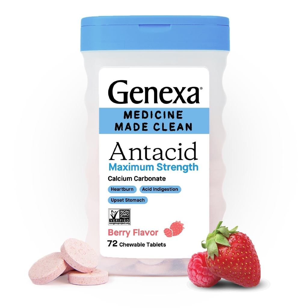 Genexa 3 Pack Nettoyant Antiacide Comprimés chirurgicaux à résistance maximale carbonate de calcium pour les brûlures d'estomac, l'indigestion acide et le soulagement de l'estomac relevé.