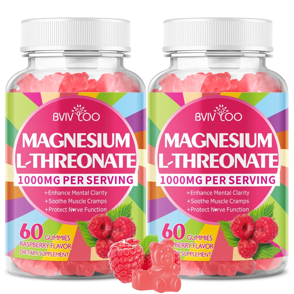 1000mg Magnesium L-Threonate Gummies for Adults - Muscle & Nervous System Support, Vegan, Sugar-Free Raspberry Flavor, 120 Gummies