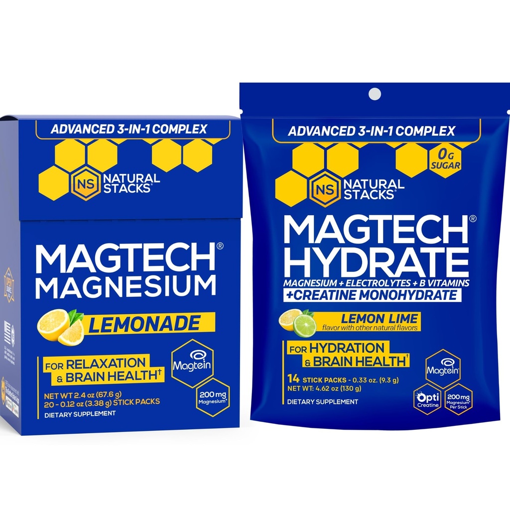 Magtech Magnesium Lemonade & Magtech Hydration Powder with Creatine - Sugar Free Magnesium Powder - Supports Hydration & Brain Health - 34 Total Servings