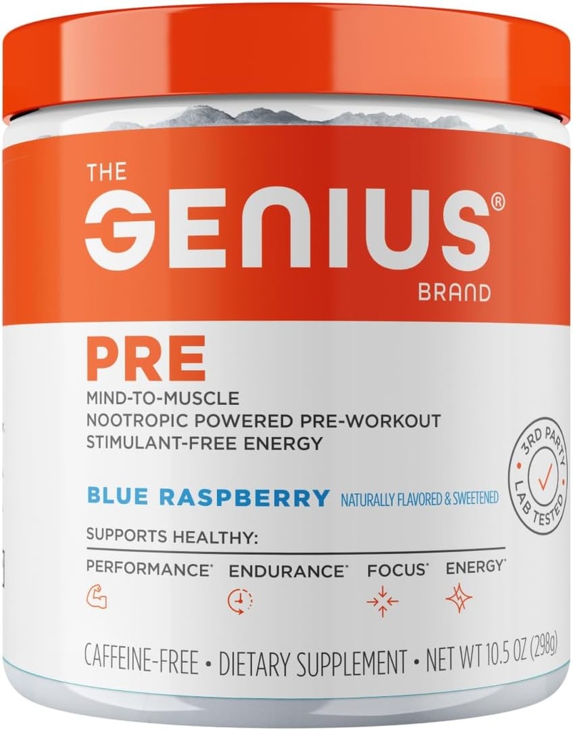 La marque Genius Genius Pre - Poudre de pré-entraînement propre pour l'énergie, le focus et le soutien de la condition physique - Pas d'arôme artificiel, de conservateurs ou de mélanges propriétaires - Non-OGM - 20 portions - Blue Raspberry