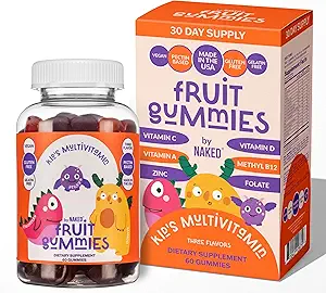 Naked Nutrition Kids Vitamine Gummies, Fabriqué aux États-Unis, sans OGM, sans gluten, sans gélatine, végétalien, enfants Vitamines A, C, D, E, B6, B12, zinc, 3 arômes de fruits, 30 jours d'approvisionnement