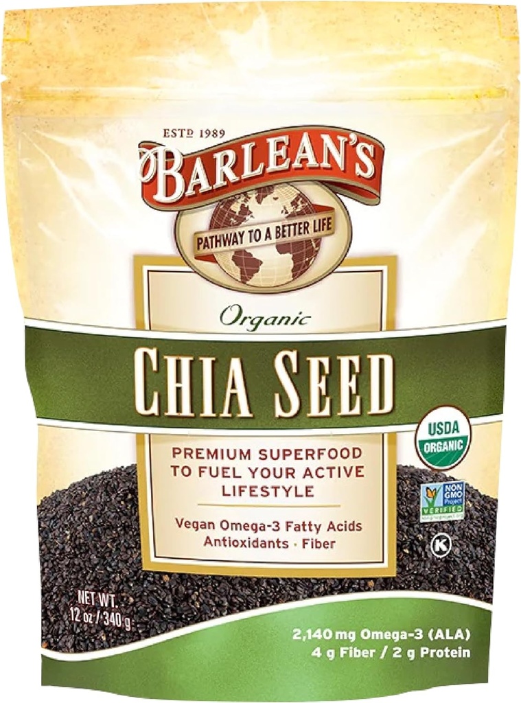 Graines de chia biologique de Barlean avec 2 140 mg d'acides gras oméga 3, supplément de fibre pour graines entières de chia pour smoothies, non certifié OGM, 12 oz