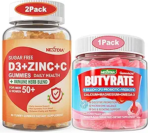 2 Pack Sugar Free Vitamin C + D3 + Zinc Gummies for Adults 50+ + 1 Pack Butyrate Gummies