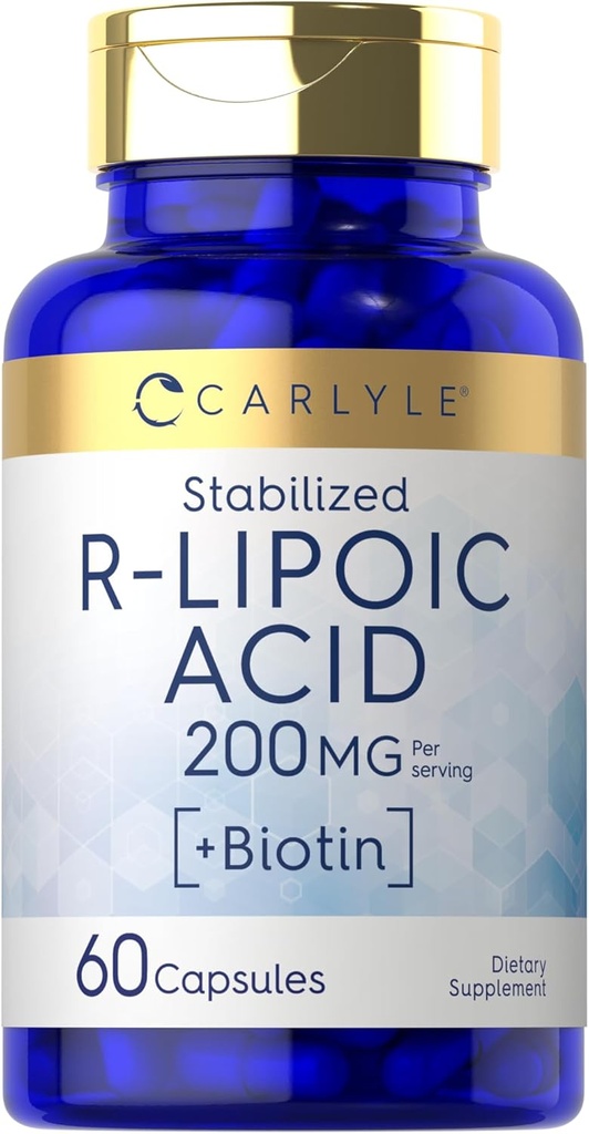 Acide R-Lipoïque de Carlyle 200mg, 60 Capsules, RLA stabilisé avec Biotin, sans OGM, sans gluten