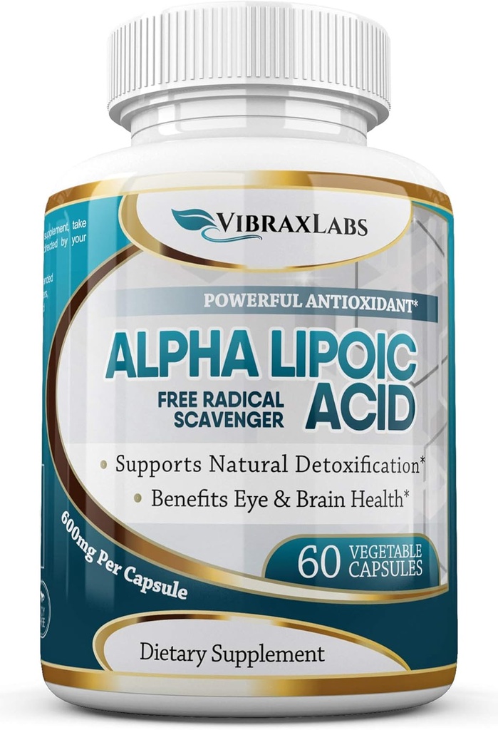 Acide alpha lipoïque 600mg Capsules - Supplément ALA extra-résistance - Meilleures capsules végétariennes pures pour la douleur nerveuse, la peau, le visage, les yeux et le cerveau – Aide à maintenir la désintoxication naturelle, non-OGM