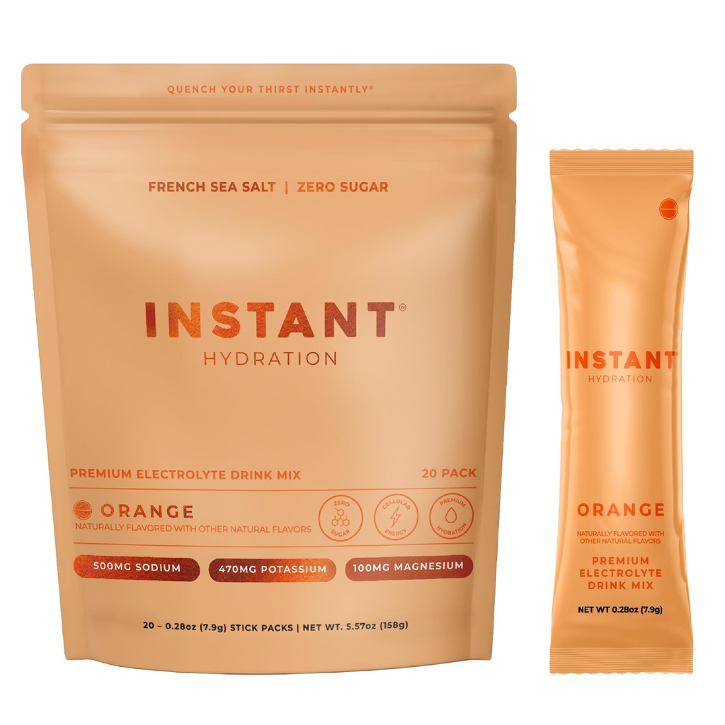 Instant Hydration Sugar Free Electrolytes Powder Packets - Orange Citrus Electrolyte Drink Mix & Travel Essentials - Post Workout Recovery, Brain Health, Muscle & Tissue Support - 20 Sticks