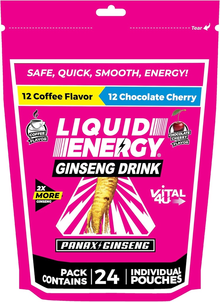 VITAL 4U® Liquid Energy Shot - Café et chocolat Combo Pack, Ginseng, B Vitamines, naturellement sucrées, 24 ct