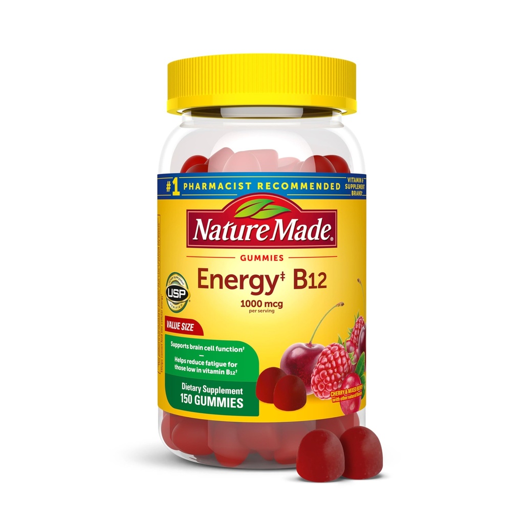 Nature Made Energy B12 1000 mcg, complément alimentaire pour le soutien au métabolisme de l'énergie, 150 Gummies, 75 jours d'approvisionnement