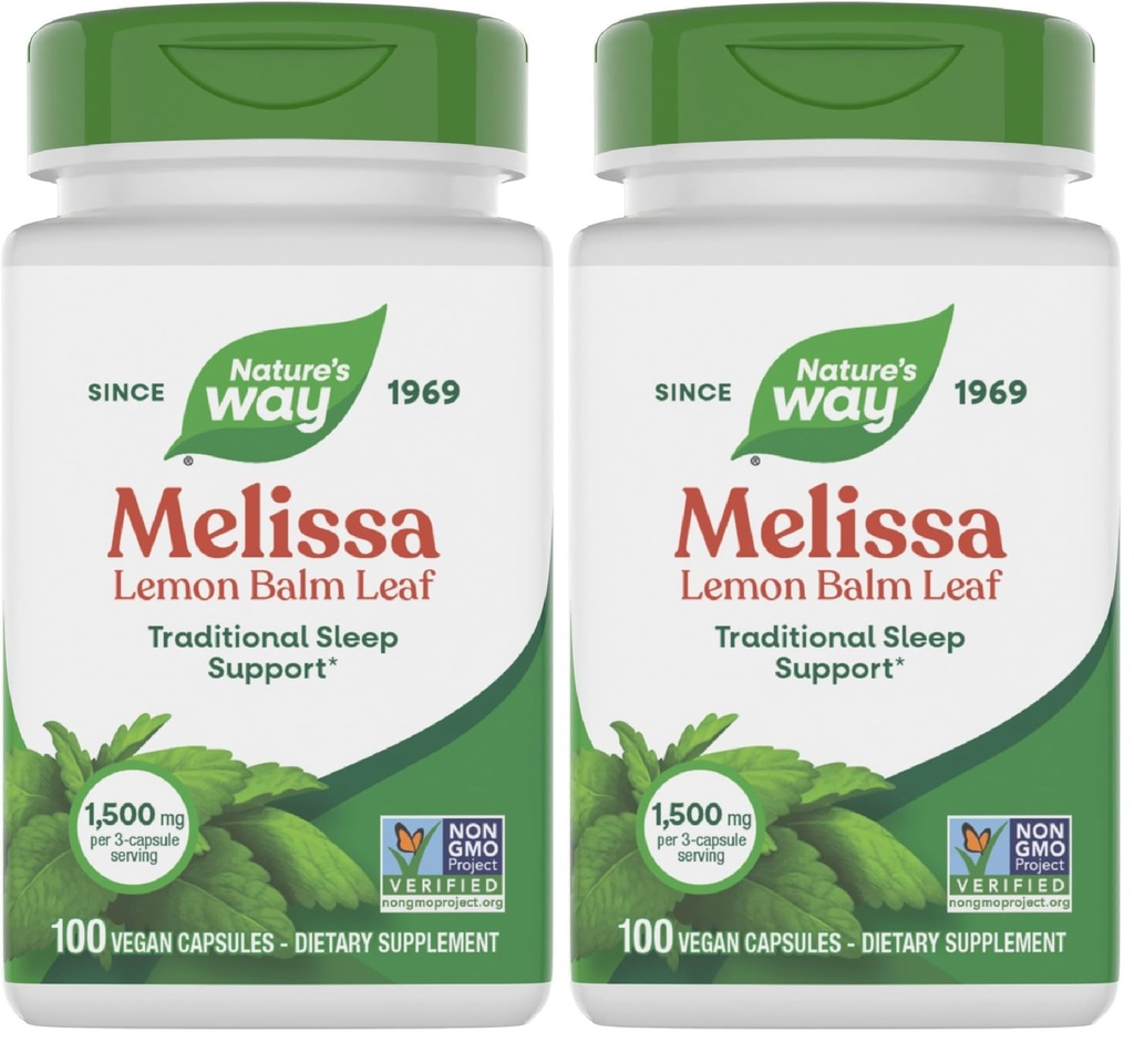 Nature's Way Melissa Lemon Balm Leaf, Traditional Sleep Support*, Melatonin Free, 1500 mg per 3-Capsule Serving, Non-GMO Project Verified, 100 Vegan Capsules (Packaging May Vary), (Pack of 2)