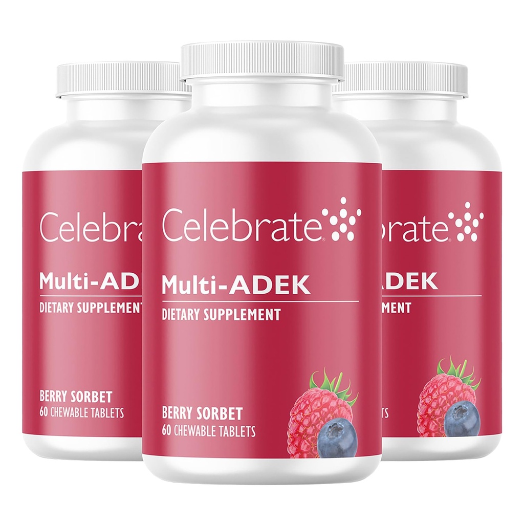 Celebrate Vitamins Multi ADEK Chewables, Iron Free - Daily Bariatric Multivitamin, High Level of Vitamins A, D, E, K & B12 for Duodenal Switch Surgery Patients - Berry Sorbert (180 Tablets)