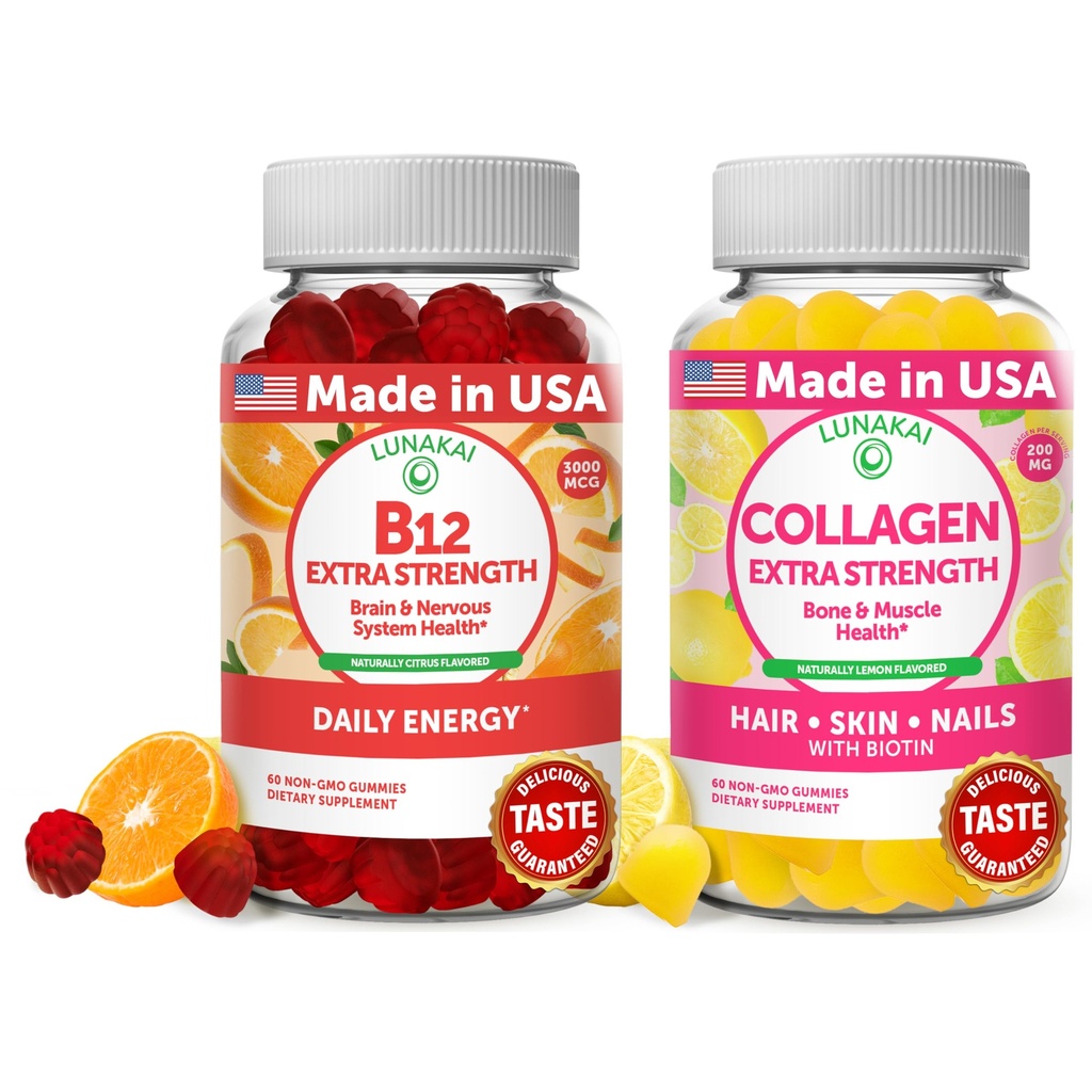 Ensemble de vitamines Lunakai B12 et de gommes collagènes - 3000 mcg de méthylcobalamine à haute absorption Gommies d'énergie - Suppléments anti-vieillissement non OGM pour les hommes et les femmes - 30 jours d'approvisionnement