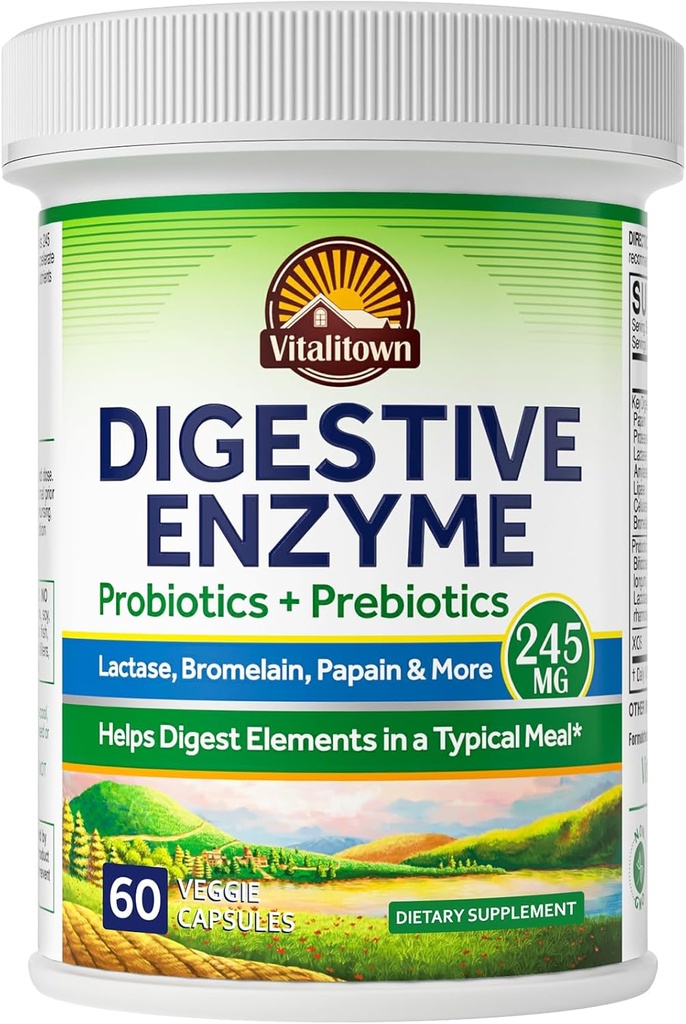 Enzyme digestive Vitalitown Formule 3-en-1 Probiotiques + Prébiotiques 60 Caps vég. 245 mg Sept enzymes clés Bromelain, Lactase, pour la digestion