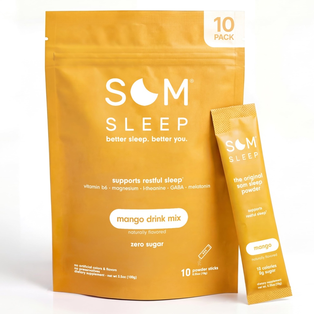 Som Sleep, Calm Sleep Powder Drink Mix, Sleep Aid for Adults w/ 3mg Melatonin, Magnesium, Vitamin B6, L-Theanine & GABA – Vegan, Zero Sugar – Mango, 10-Pack