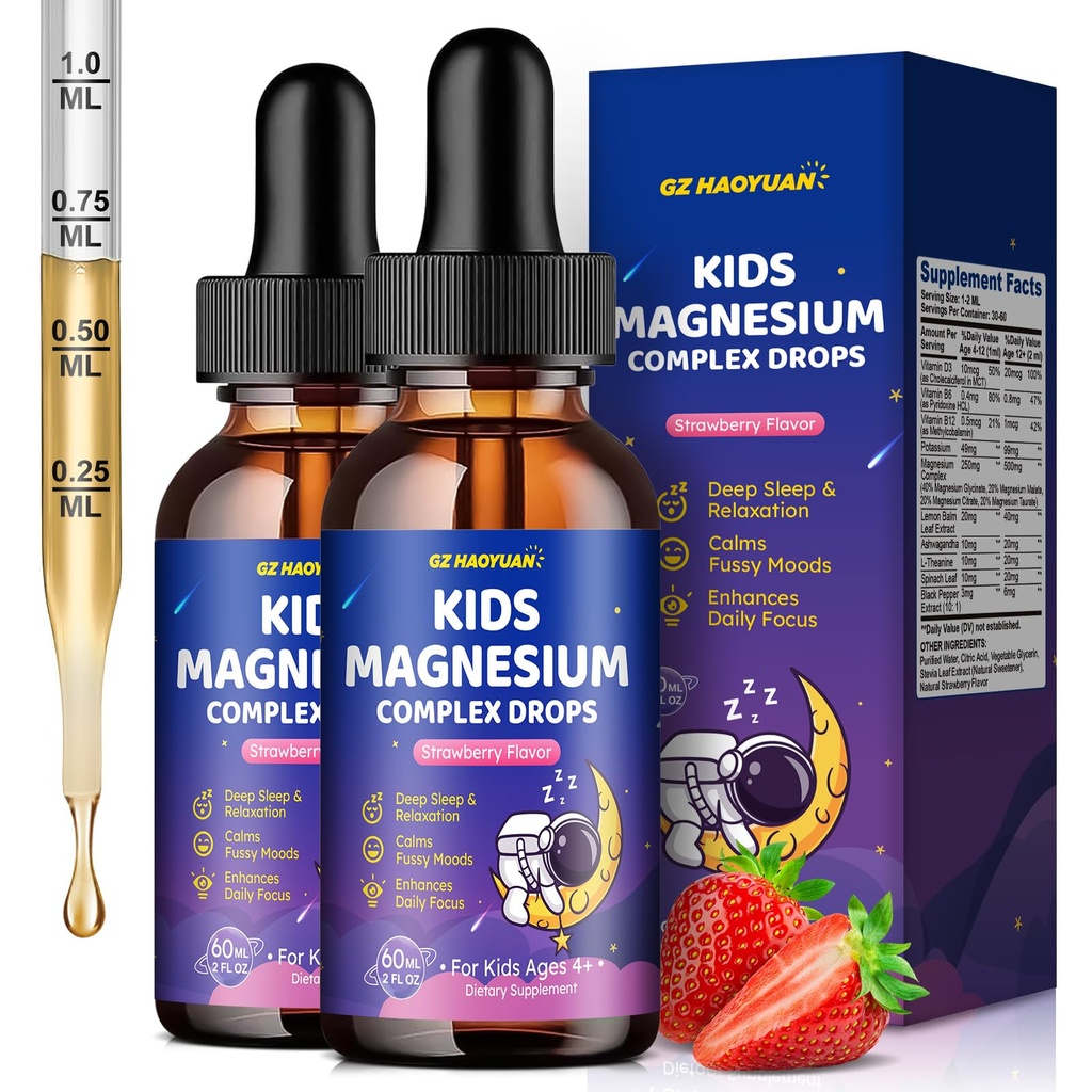 Magnesium Complex Liquid for Kids, Magnesium Glycinate, Malate, Taurate, Citrate with L-Theanine, Vitamin B6, B12, D3 Kids Liquid Drops for Sleep, Relaxation, Calm, Focus - 4 Fl Oz, Strawberry Flavor