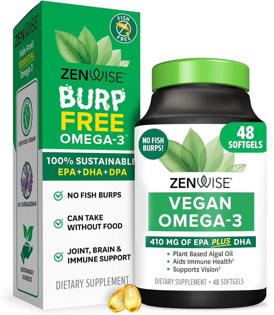 Zenwise Santé Vegan Omega 3 Supplément - Omega 3 sans Burpless avec DHA, EPA et DPA Acides gras pour la santé immunitaire - Huile de poisson Alternative de l'huile d'algue marine d'origine durable - 48 Softgels