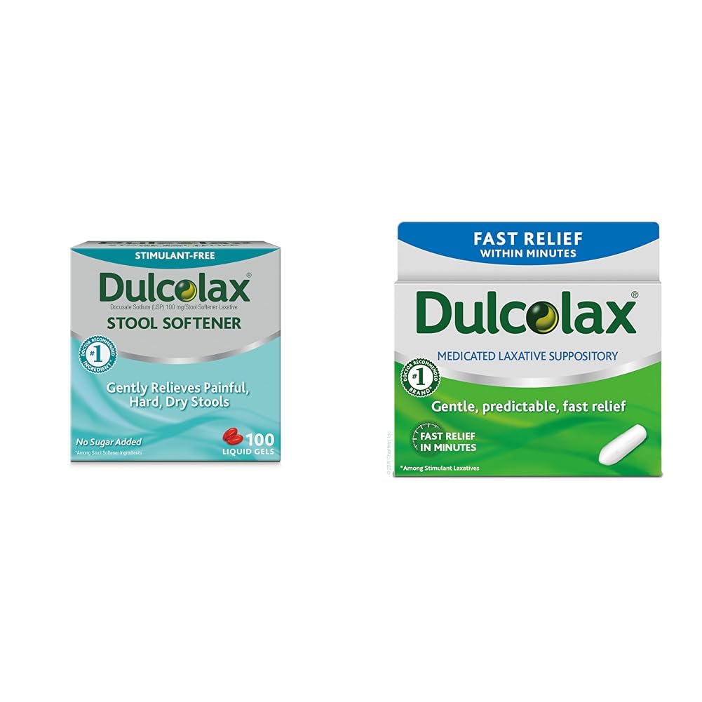 Dulcolax Stool Softener Laxative Liquid Gel Capsules (100ct) for Gentle Relief & Fast Relief Medicated Laxative Suppositories Fast Relief, Rectal Use Only, Bisacodyl, 10 mg, 28 Count