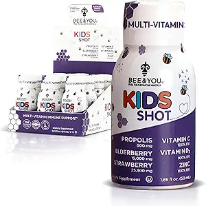 Supplément de soutien pour enfants, Propolis 100% naturelle, Vitamine C, Elderberry, Miel cru, Antioxydants, Alternative aux gommes, Grand Goût, 12 Pack, 1,69 fl. oz Chaque