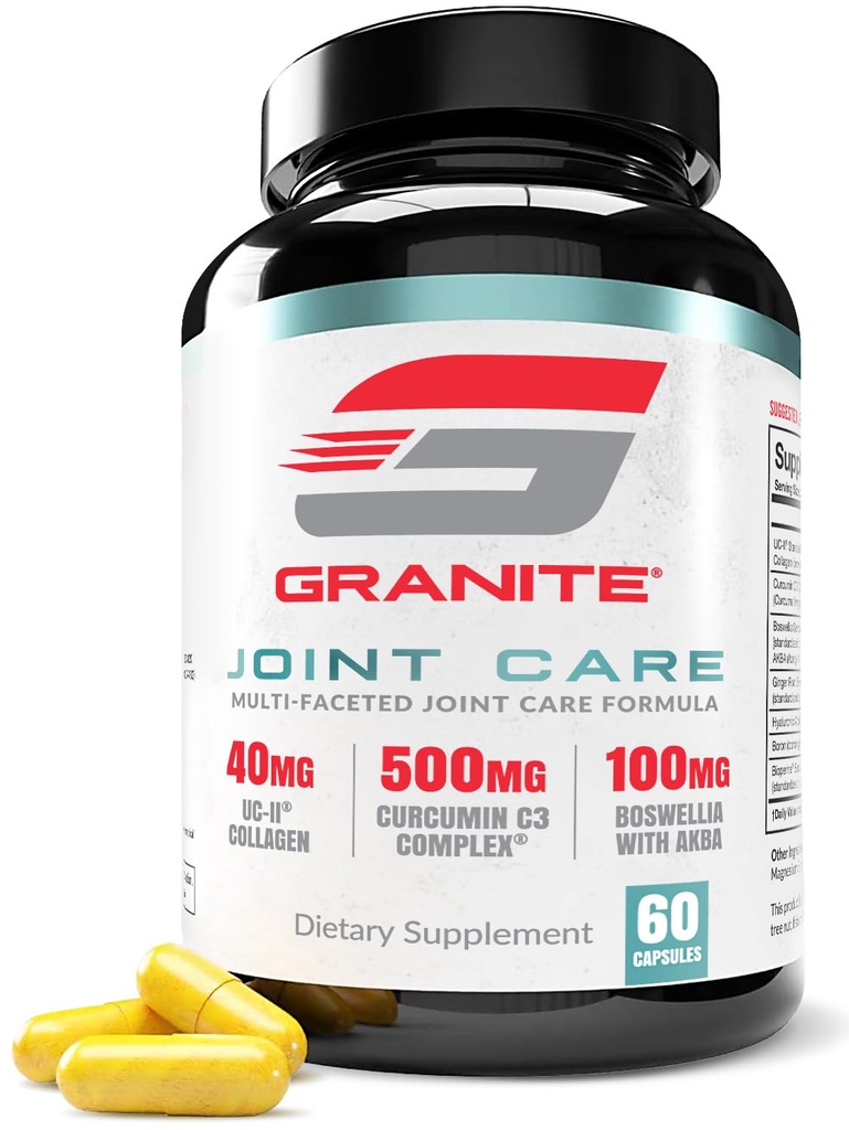 Granite Joint Care: Premium UC-II Collagen, Curcumin Turmeric C3, AKBA Boswellia + Plus - Support tout-en-un pour la mobilité, le confort et la force (60ct)