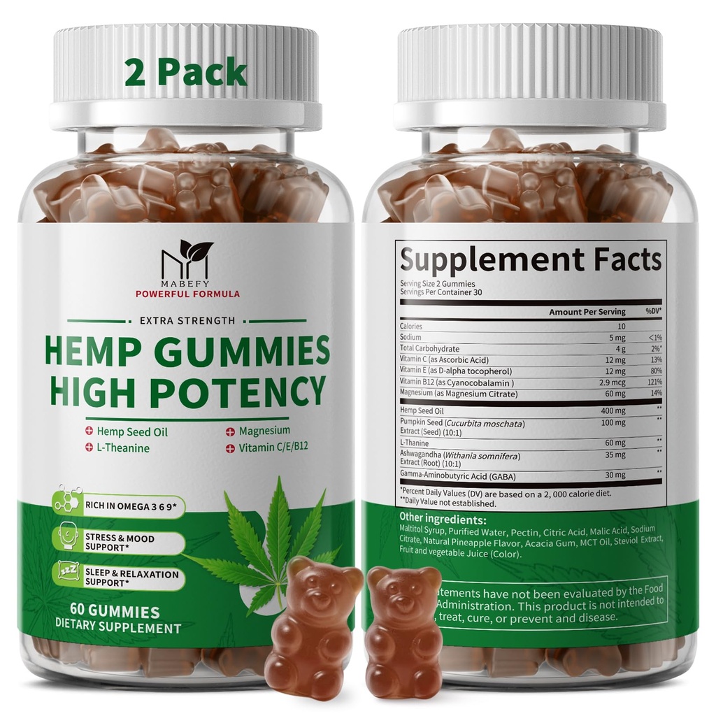 2 Pack Hemp Gummies for Sleep, Stress, Relax & Calm, High Potency Extra Strength with Magnesium, Vitamins, Pumpkin Seed, Ashwagandha, GABA, L-Theanine, Pineapple Flavor, 120 Bears Gummies, Vegan