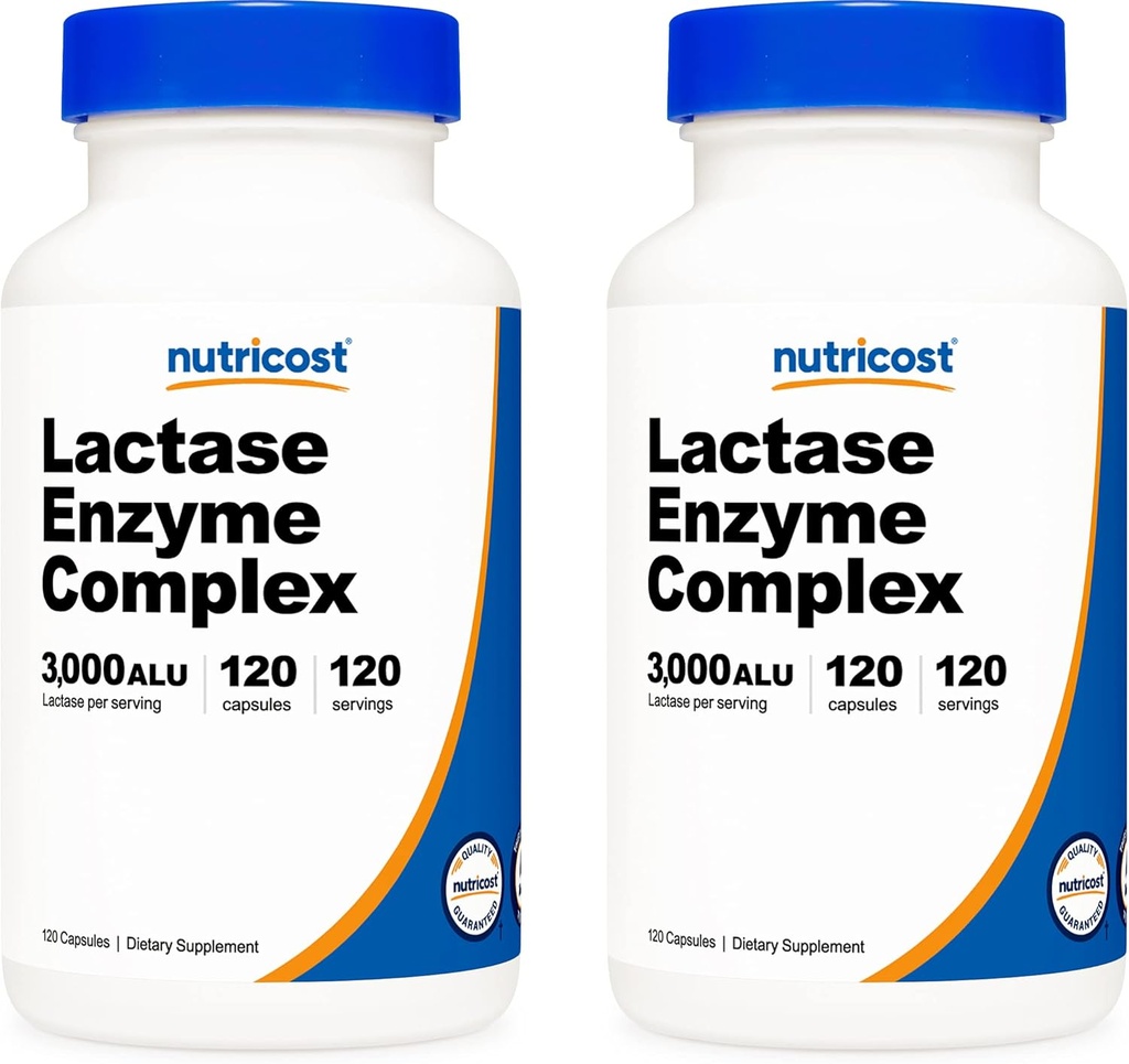 Complexe enzymatique de la lactase Nutricost 3,000 FCC ALU, 120 capsules de légumes - non-OGM, sans gluten, 120 portions (2 bouteilles)