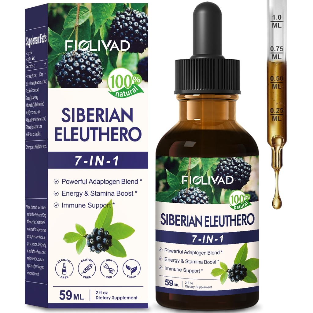 Siberian Ginseng Extract Liquid Drops, (Eleuthero Root) Herbal Supplement for Immune Support, Energy & Stamina Boost. 7-in-1 Blend w/Rhodiola Ashwagandha Reishi Extract. 2 oz