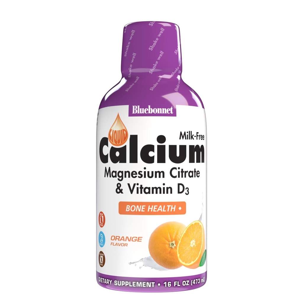 Bluebonnet Nutrition Citrate de calcium liquide Citrate de magnésium, vitamine D3, santé des os, sans gluten, sans soja, sans lait, casher, 16 Fl Oz, 32 portions, saveur orange, 16 Fl Oz (paquet de 1)