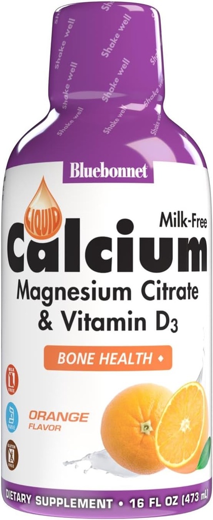 Bluebonnet Nutrition Citrate de calcium liquide Citrate de magnésium, vitamine D3, santé des os, sans gluten, sans soja, sans lait, casher, 16 Fl Oz, 32 portions, saveur orange, 16 Fl Oz (paquet de 1)