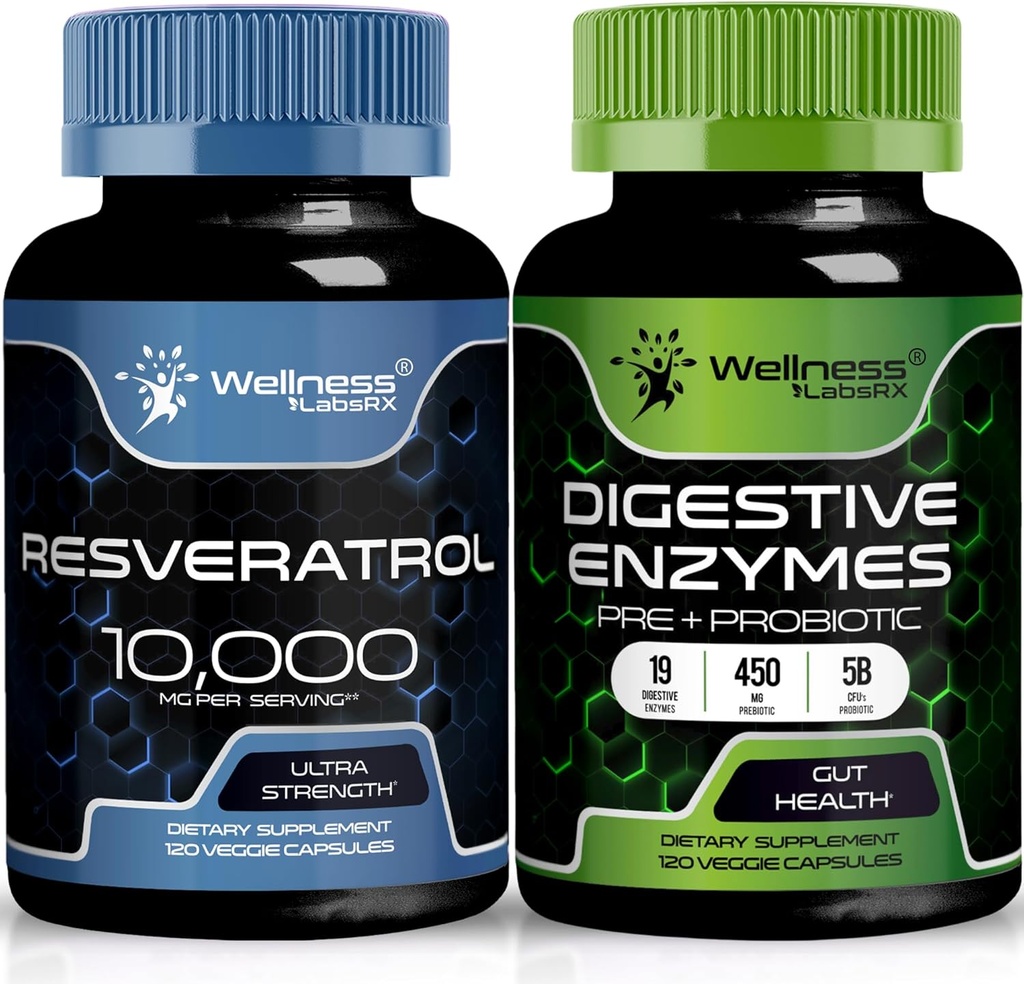 WELLNESS LABSRX Capsules de resvératrol 10 000mg - Enzymes digestifs 450mg