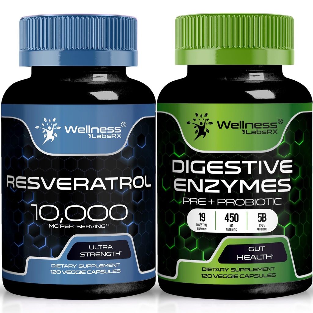 WELLNESS LABSRX Capsules de resvératrol 10 000mg - Enzymes digestifs 450mg