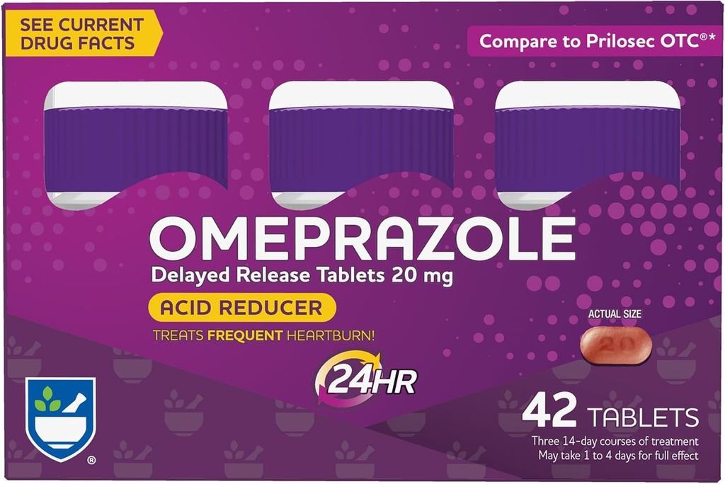 Rite Aid Acid Reducer Omeprazole Comprimés à libération différée - 20 mg, 3 bouteilles, 14 Comptez chacun (42 Nombre total), Non aromatisé, Heartburn Relief, Heartburn Medicine, Treats Frequent Heartburn